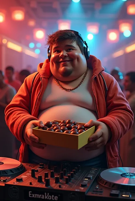 Bellied DJ with a box of chocolate 