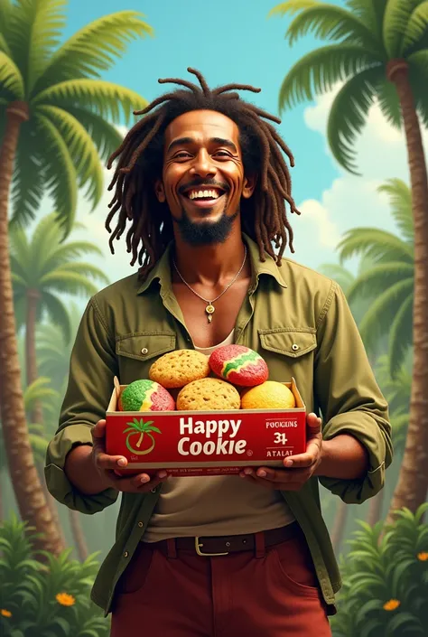 Bob Marley holding a pack of red ,  yellow and green cookies and carrying the package has the name Happy Cookie
