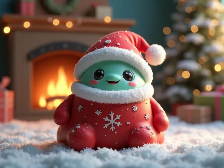 rounded slime, no arms , no legs, has just eyes, clothed as santa 