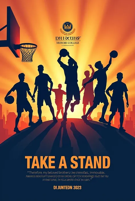 make a poster for our School Intramurals with a theme Take a Stand text is 1 Corinthians 15:58 our school is Halls of life bible college also put the logo of our school. Sporty dont put anything without my instruction no person but a ball no other words an...