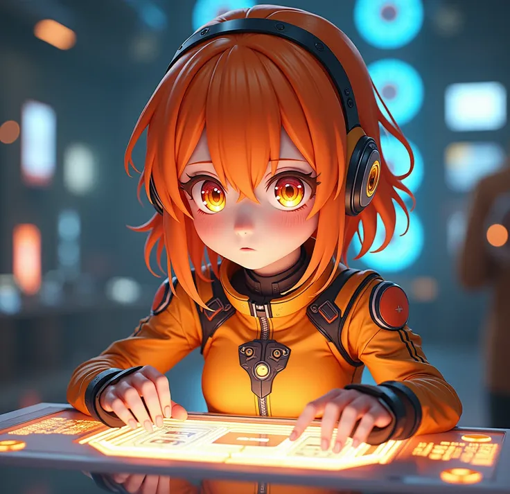 Create an anime character looking at the screen with orange hair with orange eyes and mechanical orange clothes