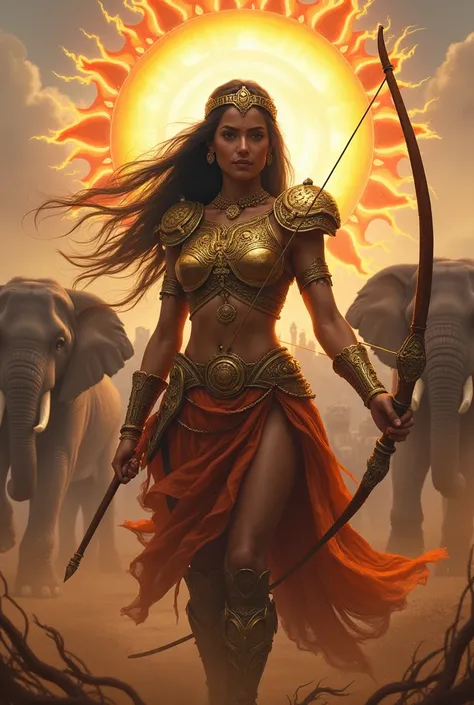 Beautiful 25 years old Indian mythology girl warrior in full warrior sun shaped magestic suit holding bow and arrow in attacking position in a battlefield with elephants and other warriors 