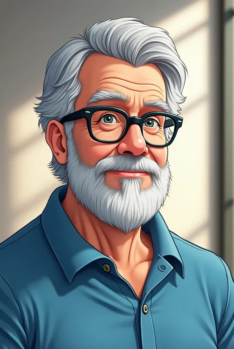 man with gray hair and gray beard, full beard, Glasses are wearing a blue polo shirt, In anime format