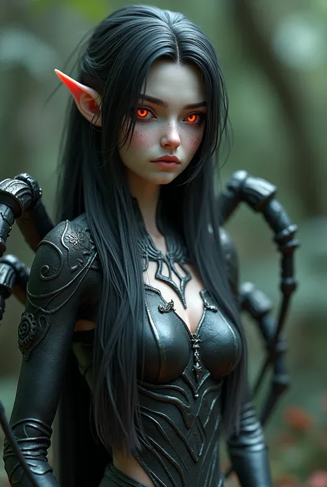 Half-Spider-Half-elf Woman, black hair, white skin , four red eyes , long legs,long nails
, 3d character