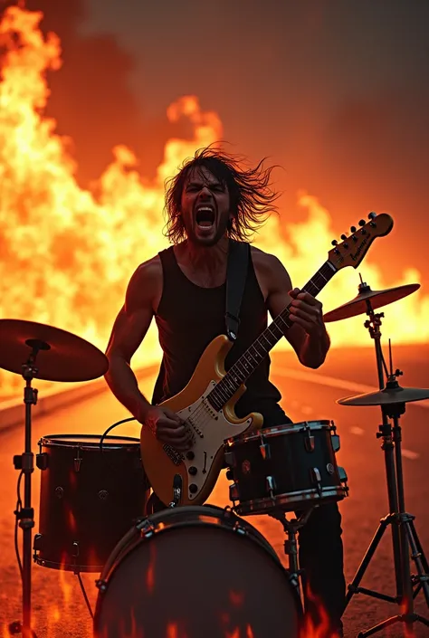 Make the cover of an album whose name is : Endless Highway on this cover I would like a man to be playing drums with wet hair and is also on fire around him and the fire is getting close to him, but hes only playing drums. The albums genre is rock, so he c...