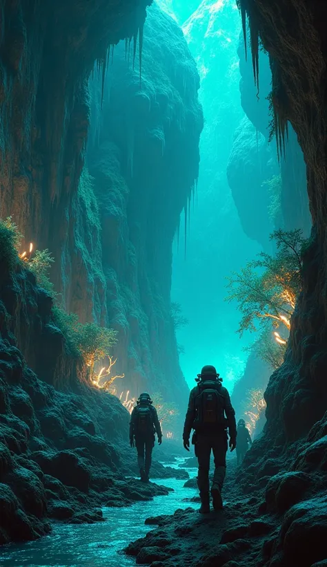 
"An adventurous team of explorers descending into a massive cavern at the Earths core, illuminated by glowing crystal formations in vibrant shades of blue and green. Strange, bioluminescent plants hang from the caverns ceiling, and a subterranean river gl...