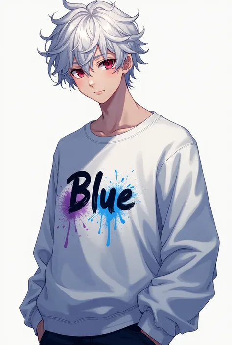  best quality ,  masterpiece ,  super high resolution , (realism: 1.4),  realistic photo , 1homem,  with red eyes, short curly white hair with a black fade down ,  wearing a white sweatshirt with a writing in Japanese that means Blue ,  with drops of blue ...