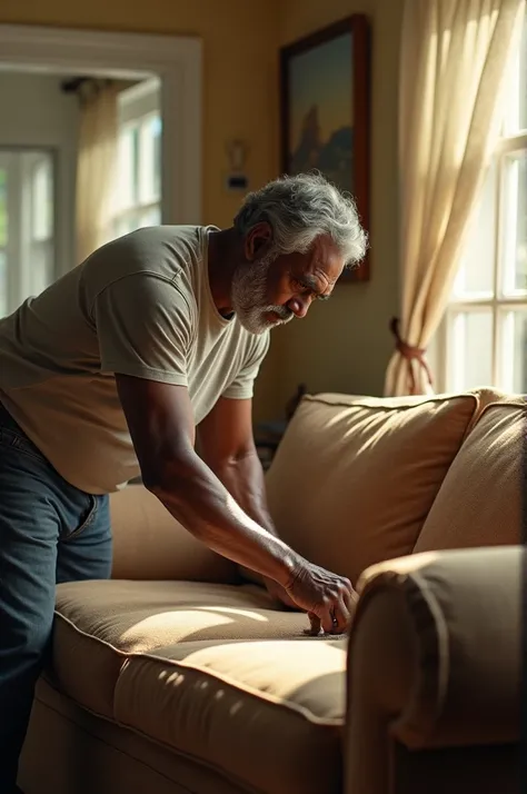 Create for me the image of a black man cleaning a couch 