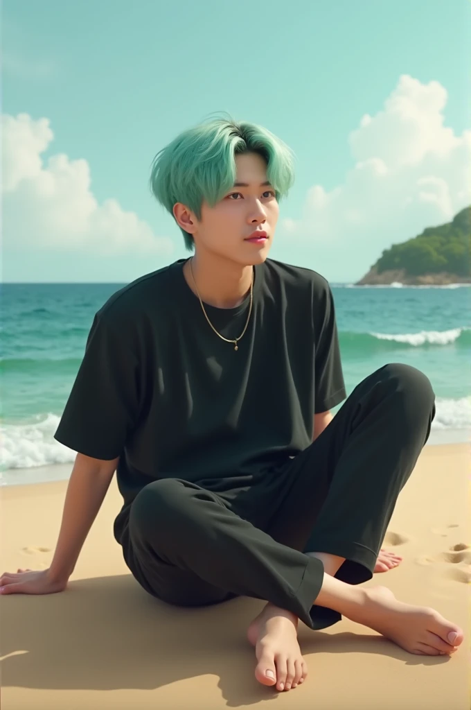 Suga bts wearing black t-shirt with mint hair is sitting on the beach