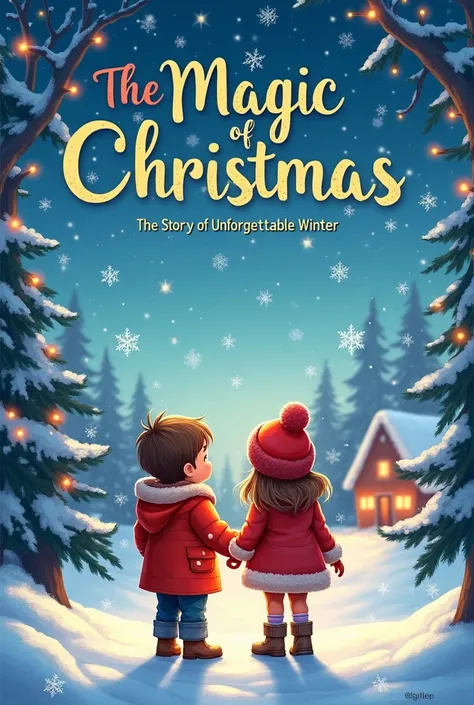  Create a cover image for a book with a story and coloring with the title “The Magic of Christmas: The story of an unforgettable winter” and adds the authors Moscaliuc Iosif and Halandut Alessio to appear and written in Romanian to be written