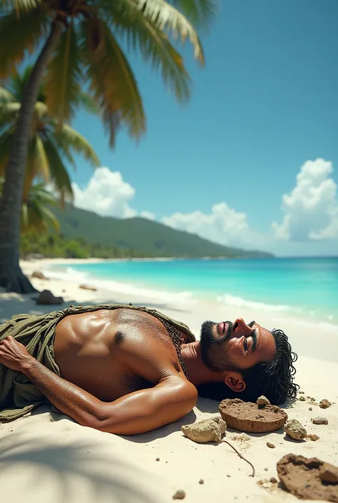 Castaway man lying on the beach 