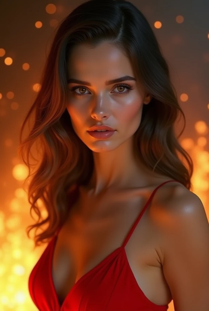 Create an image of an Italian woman who looks like Danielle Campbell, brown and grey-eyed, who looks beautiful and is , that the features are simple, with a red dress and a burning background in the back that looks powerful. 