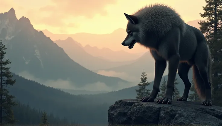 Panoramic view, (a strong and fearsome (wolfman:4)), looking peacefully at a landscape in front of him, composed of mountains, forests and a clearing in the background, at dusk