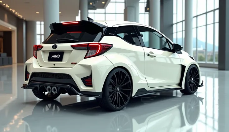 create an ultra-detailed 3D render, of a modern 2025 Toyota Yaris crose  with a bold design looking long  captured from straight full back side view. The car should feature a Gleamy  cream white color with a toyota Yaris  logo on its front, a large white d...