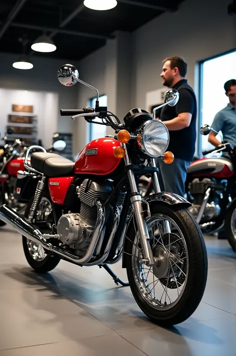 A YAMAHA RX 100 ON A YAMAHA SHOWROOM.GOING TO DELIVERY THAT BIKE