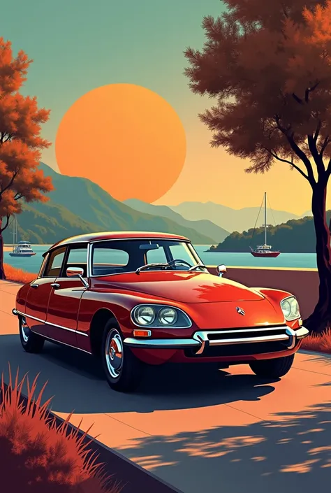 Magnifique Citroen DS, marron, 1973, design graphic vintage, beaucoup de détails, image vectorielle, très réaliste, 4k, arrière plan seventies