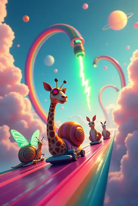 A magical and surreal race track suspended in the sky. The track is made of rainbows and fluffy clouds forming curves, with a multicolored sky and planets spinning slowly in the background. At the starting line are fantastic animals: a giraffe with glowing...