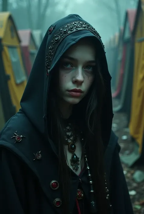 pretty pale albino 19 year old cool mysterious hooded cyberpunk cult girl wearing a black ornate occultic cyber tech adorned robe in underground cyber shanty society town, dystopian, dark, low light, smirk, makeshift tents, underground village, her robe is...