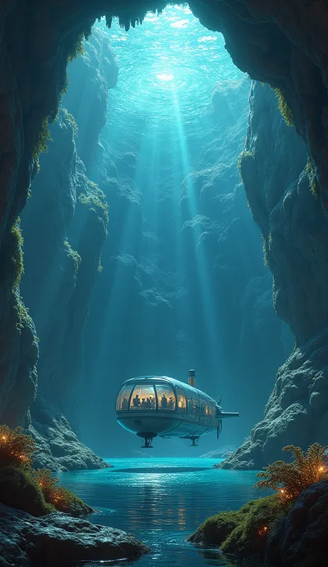 "An intricate scene portraying the emergence of an advanced subterranean drilling vessel into the heart of a colossal underground ocean. The liquid expanse mirrors the interplay of prismatic luminescence from a cavern ceiling adorned with crystalline struc...