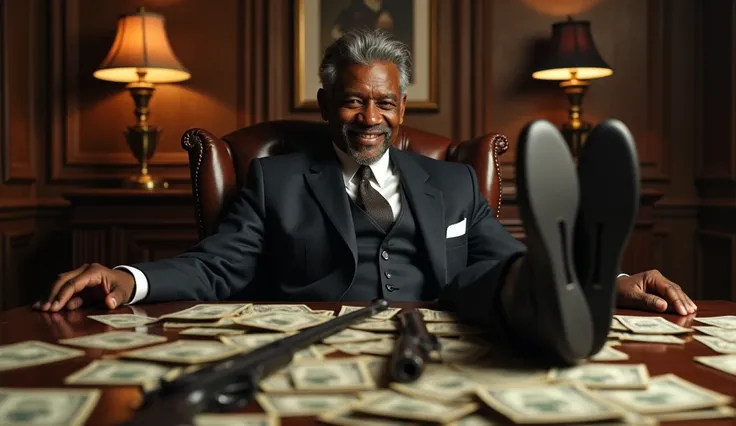 a black man, very elegant, With slightly gray hair,  sitting with their feet on the table ,  smoking a piece of junk and with mountains (Masses )  of money on the table ,  looking forward with a winning smile.  Firearms and money on the table . (best quali...