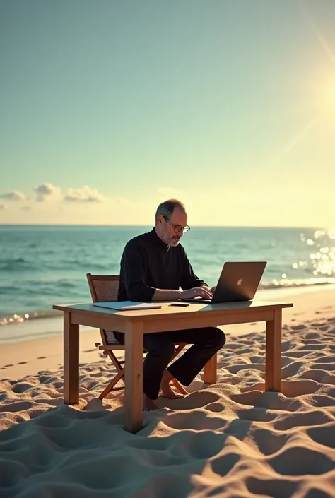 Steve Jobs working in laptop on a beach on a table 