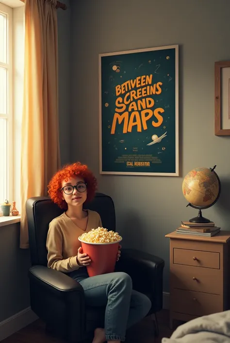 Generate a scenario for my YouTube channel called Between Screens and Maps , I wish there were movie posters , with a beige nightstand next to it with books and a terrestrial globe .  On a black chair in front a young white woman with curly red hair and ro...