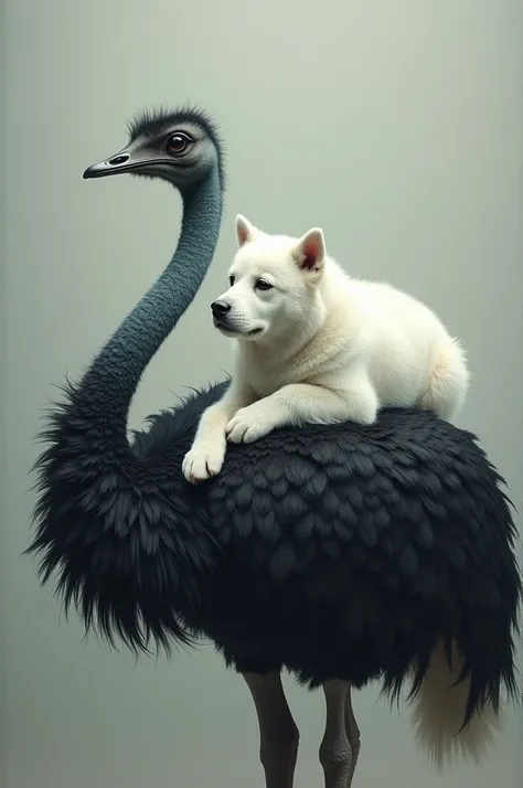 A white dog sitting on black ostrich 