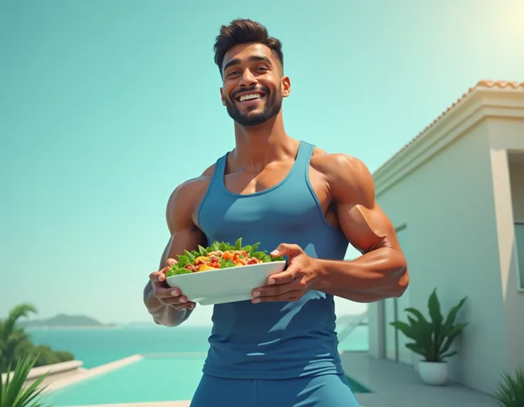 An image of a healthy lifestyle and a man eating hair with a fit body and a good mood and blue sportswear.