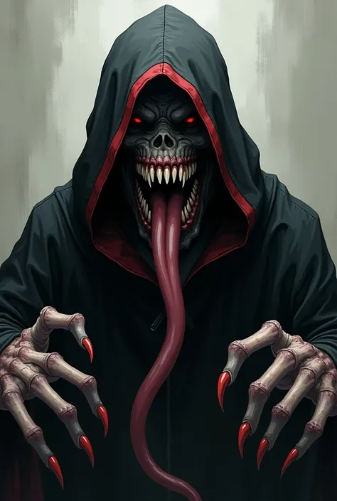  Generates an anime man dressed in a black hood with red edges ...  Y that has a slightly large monstrous mouth  ... A long tongue and big claws  