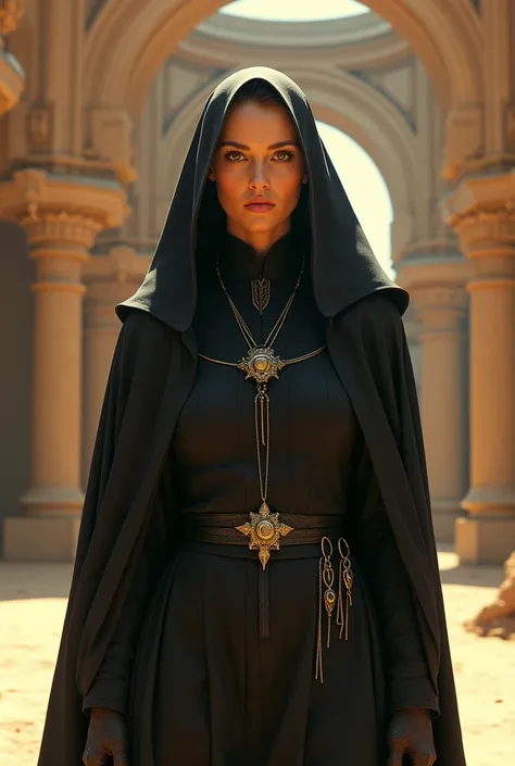  Reverend Mother Bene Gesserit . Bella. Palatial environment .  science fiction . Dune.  Inhospitable Desert . Blinding light.  Detailed .  Futuristic monastic habit .  Dominant Sensuality .  Lusty atmosphere .  generous neckline.  Clear and cold eyes .  P...