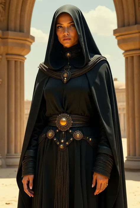  Reverend Mother Bene Gesserit . Bella. Palatial environment .  science fiction . Dune.  Inhospitable Desert . Blinding light.  Detailed .  Futuristic monastic habit .  Dominant Sensuality .  Lusty atmosphere .  generous neckline.  Clear and cold eyes .  P...