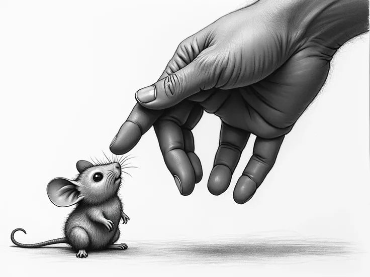 Black and white scene pencil drawing touching a mouse in desperation flat detail