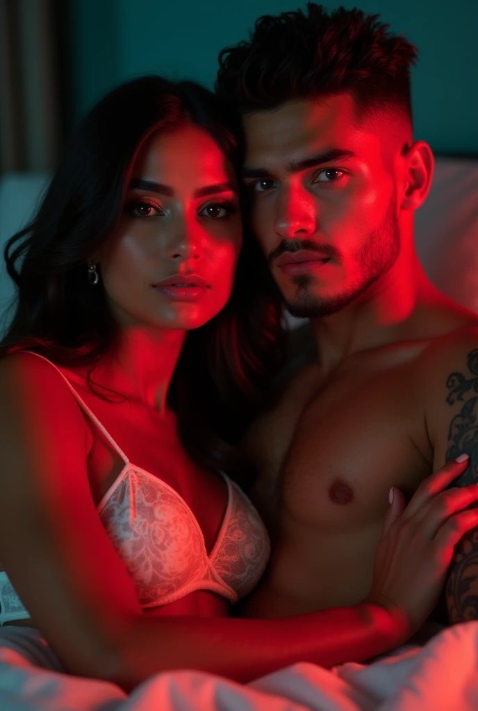  young man Nick Batemam ,moreno,  short black hair ,profiled cropped beard ,  tattoos on arm and chest,muscular, grey eyes, is in a bed, sexy, Rogue, with red LED lights ,  without a shirt or pants, Highlight your veins  ,With Colombian brunette woman long...