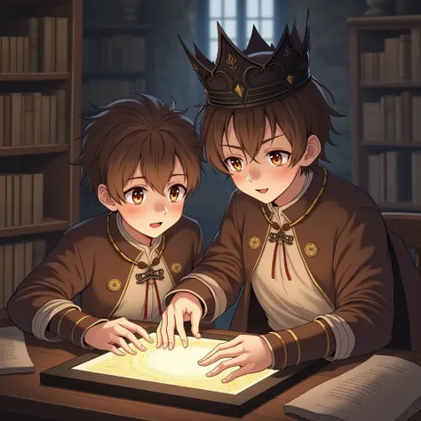 Create male anime characters looking at a screen in a medieval library with brown hair with brown eyes with brown medieval clothes and a dark crown