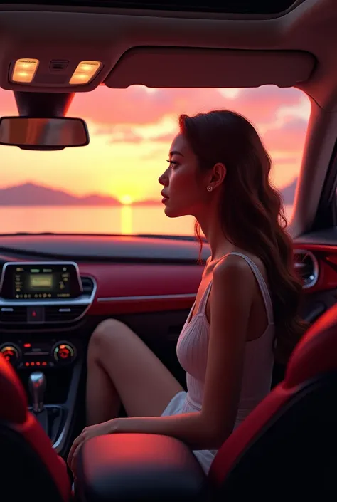 Beautiful girl sitting in red Mazda 3 at sunset with sea view