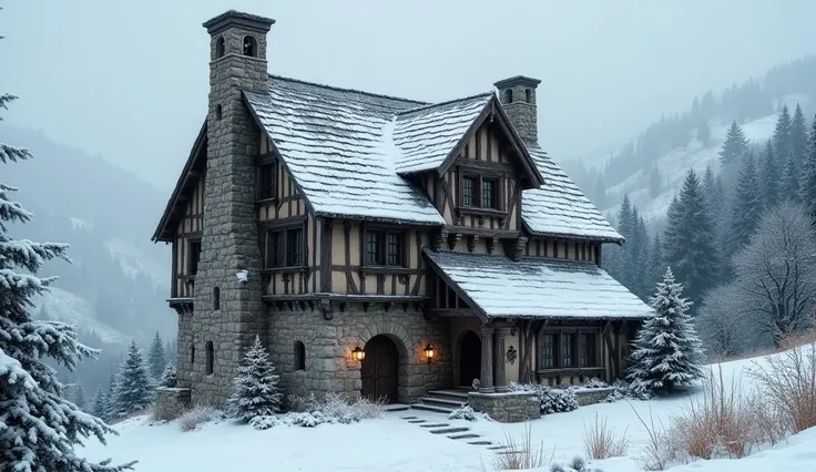 A sturdy European stone house with thick walls, designed to withstand harsh weather conditions. Snow-covered rooftops and a light snowfall in the background emphasize its durability.