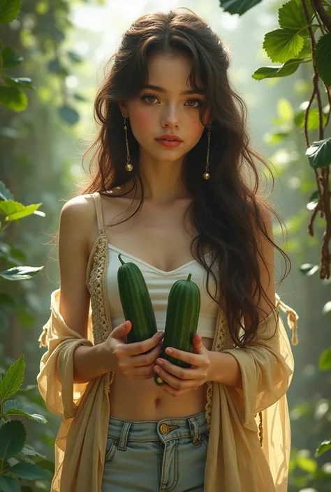  A beautiful girl with wavy long hair in a bohemian dress, holding two cucumbers in her hands, clothes in shorts and white tank top