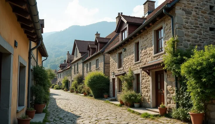 A cinematic overview of a European village with stone houses, highlighting their historical significance and conservation efforts. The scene includes restored homes, modern preservation techniques, and community involvement in maintaining their heritage.