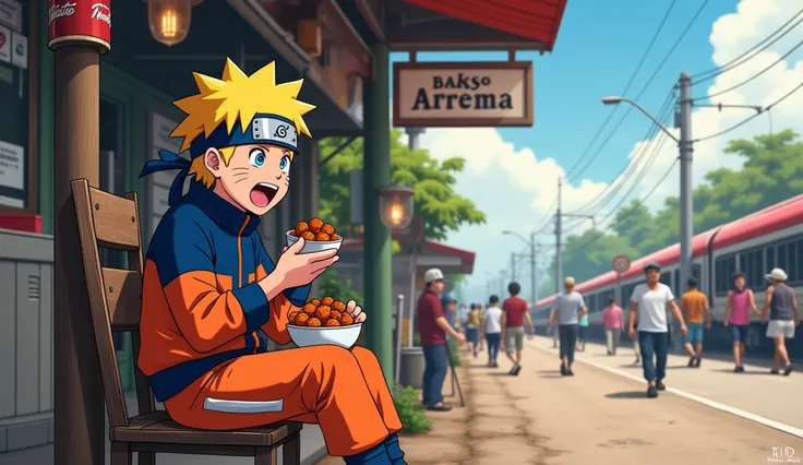 Create a very detailed 2D anime cartoon image of the character Naruto, eating meatballs at a roadside stall. Naruto was seen sitting on a wooden chair under a tree, holding a bowl of meatballs with one hand, and was devouring the meatballs with a satisfied...