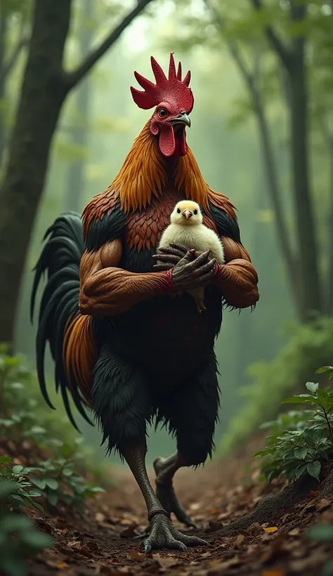 The builder rooster walks through the forest with his baby in his arms, his body covered in blood.