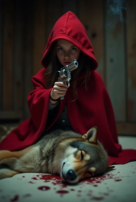 High Resolution, Best Quality, Realistic, Masterpiece, 8k, UHD, A young girl in red hood cloak, she holding a silver handgun (smoke from revolvers muzzle), she look at camera, A wolf dead body in blood lying on the bed, wolfs eyes closed, scene is in the w...