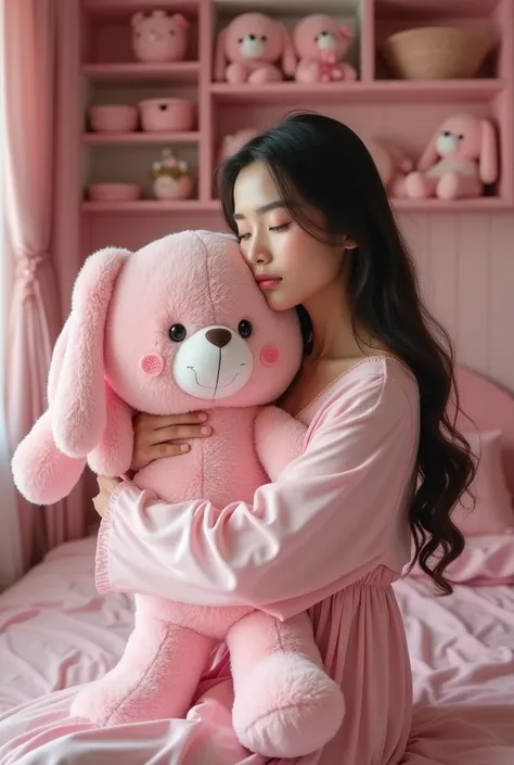  Realistic real beautiful Indonesian woman long hair makai nightgown ping long sleeves , meluk big doll pink color , room background pink color room with full cabinet decoration pink doll and mattress