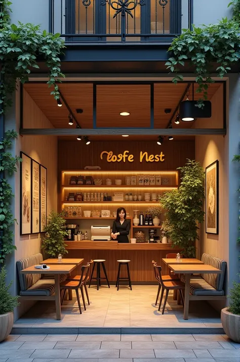 Give me a picture of a cafe under a build with 65 square mater and make the name coffee nest and put all the coffee machine the cash register and everything behind but make the chair and table in front , and dont forget the land should be in 65 square mete...