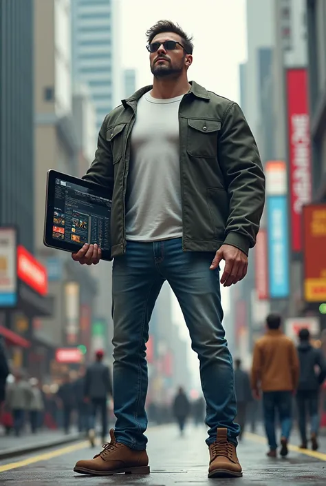 A giant man in modern day clothes holding a large tablet on the street and the written method somo