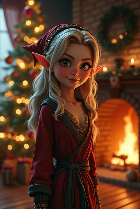 Mischievous elf woman next to a Christmas tree and a burning fireplace