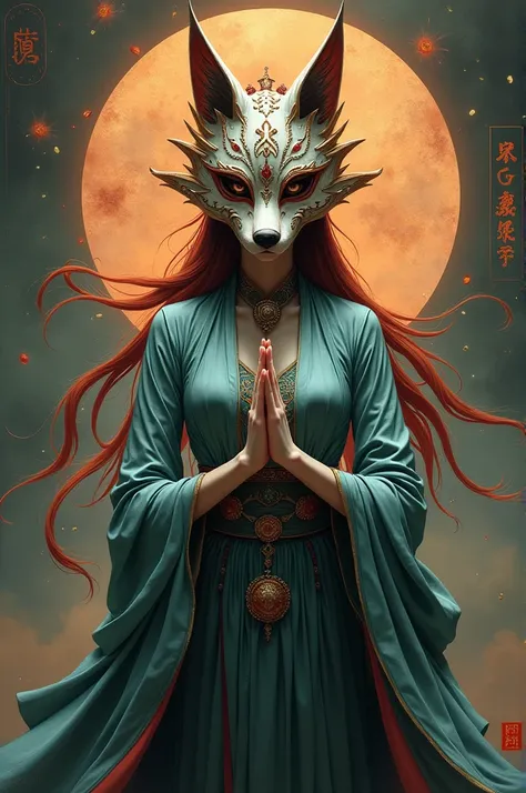 Woman wearing Chinese dress wearing fox demon mask. Painting