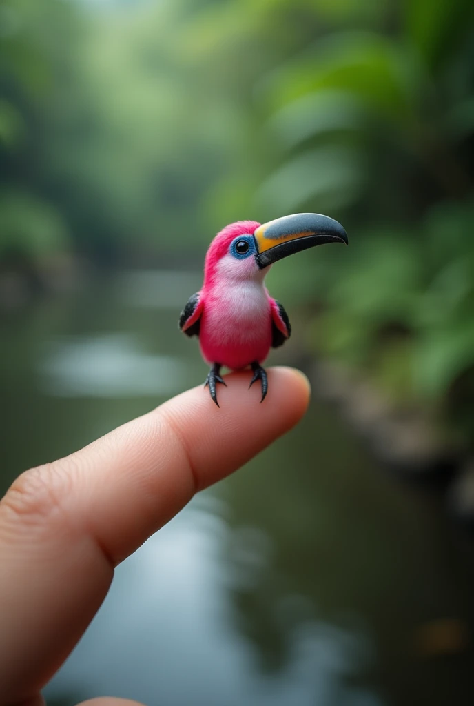 A close up of tiny pink toucan being gently held by a human finger. He is very small, e fofo. The background is blurred with a forest and a pond behind it.