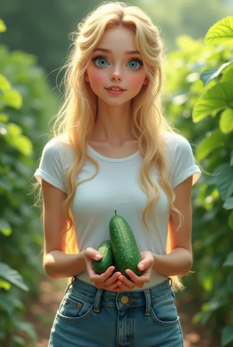 Create a blonde with blue eyes ,   body forward should be directed with long hair but gathered dressed in a white T-shirt, blue short denim shorts , holding cucumbers freshly plucked 