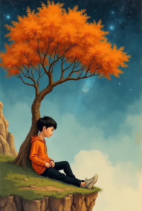 can you create a traditional miniature painting of a boy sitting and leaning against an orange tree, at the edge of the universe? the style needs to be strictly inspired by traditional persian miniature or mughal miniature. the eyes need to have an elongat...