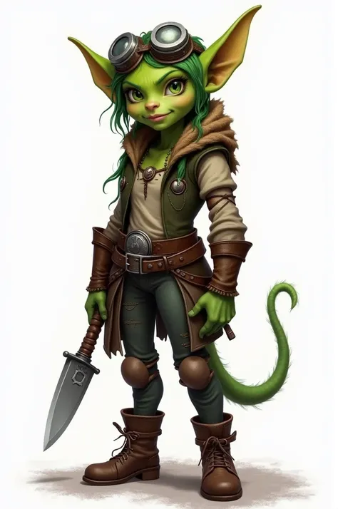 Medieval fantasy caotic green skin goblin teenager rebel girl artificer with googles on head
(Like Tristana of League of Legends)
(like 20 years old)Fantasy medieval chaotic green skin goblin rebellious teen girl with tight and sexy clothes, beautiful and ...